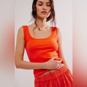 We The Free People Tank Top Orange Stretch Sleeveless Scoop Neck Ribbed Knit S